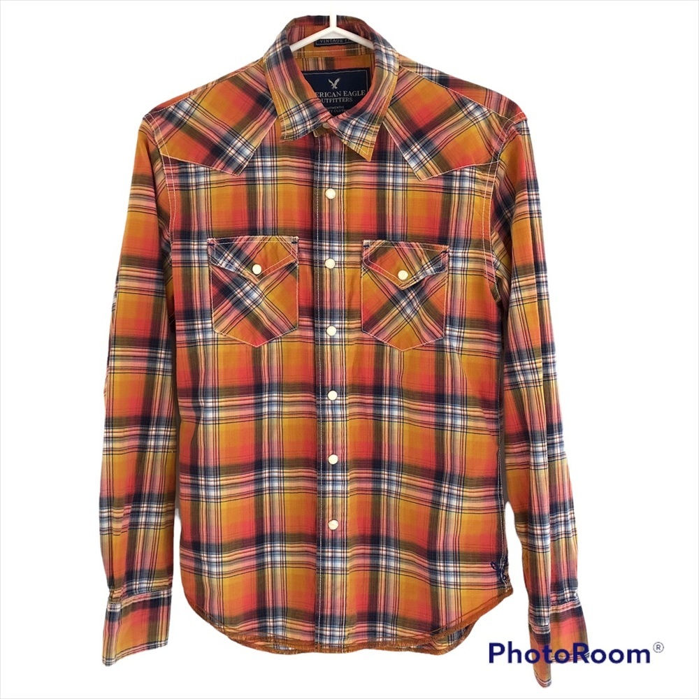 AMERICAN EAGLE Y2K Vintage fit oversized snap button up orange pink plaid shirt